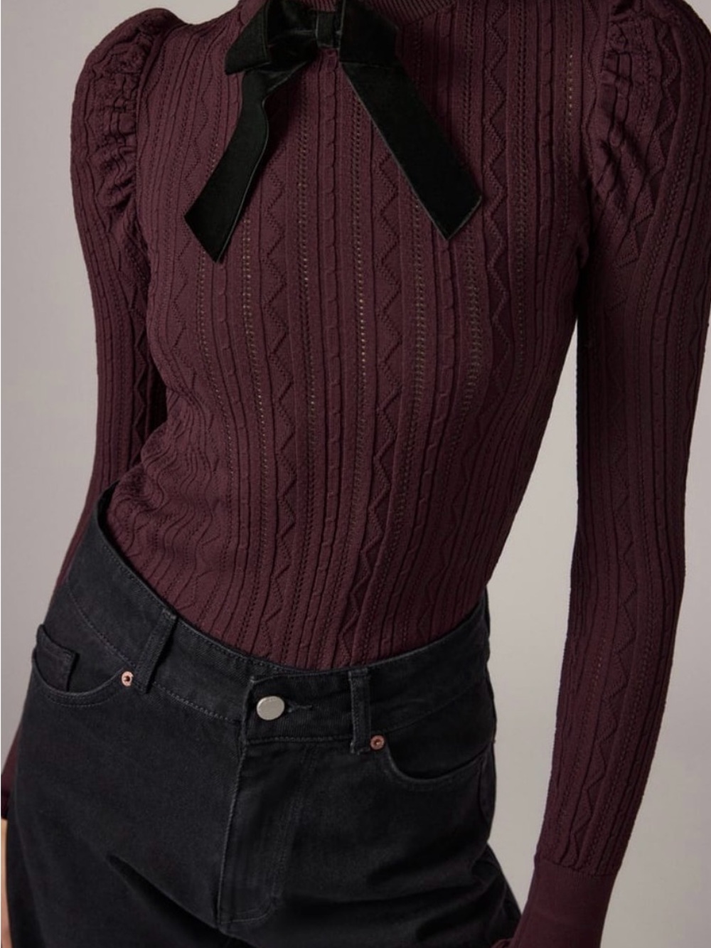 Zara Plum Cable-Knit Long-Sleeve Top with Black Velvet Bow
